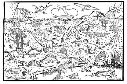 Close up image of black and white giant colouring poster featuring drawings of various dinosaurs.