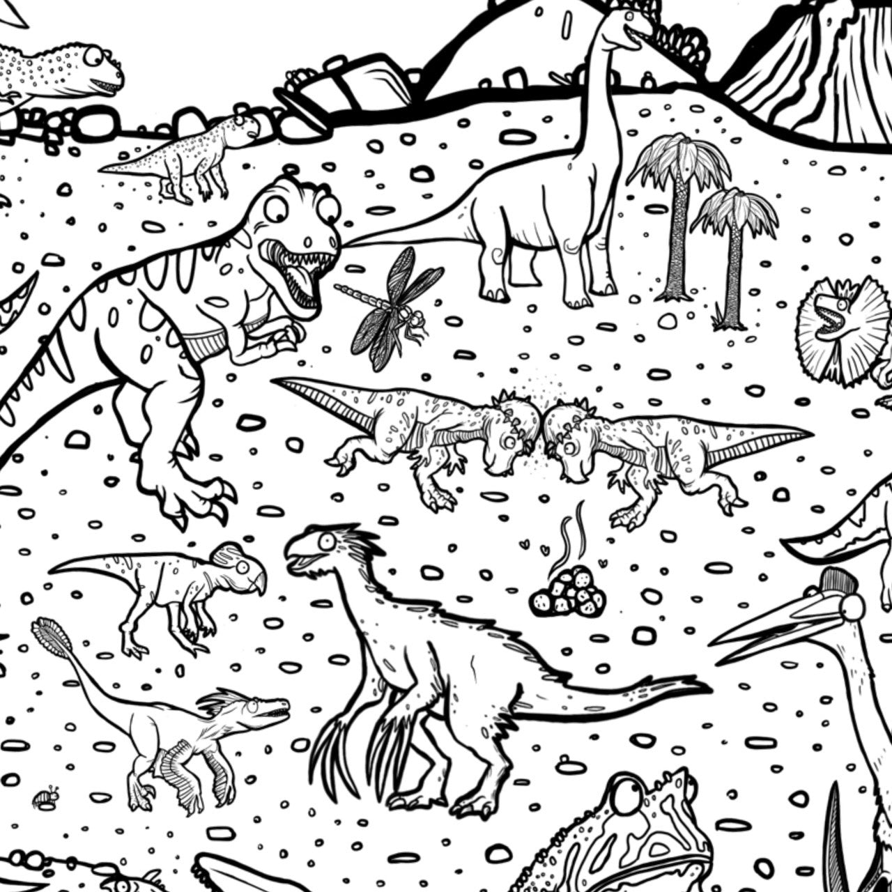 Close up image of some of the drawings of the dinosaurs featured on the giant colouring poster.