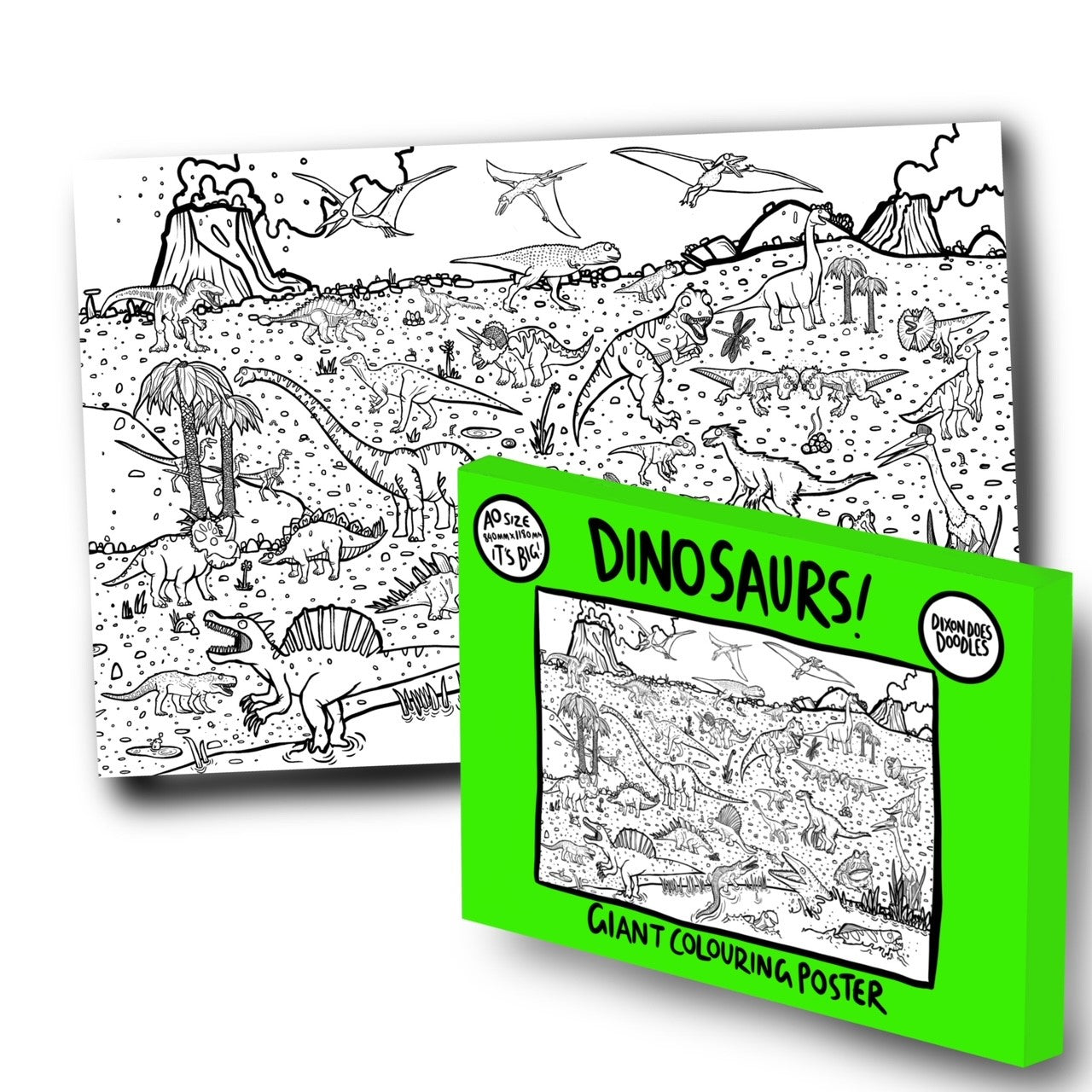 Two images - the rear image shows the giant colouring poster featuring drawings of various dinosaurs. The image at the front is of the bright green box for the Dinosaurs Giant Colouring Poster.