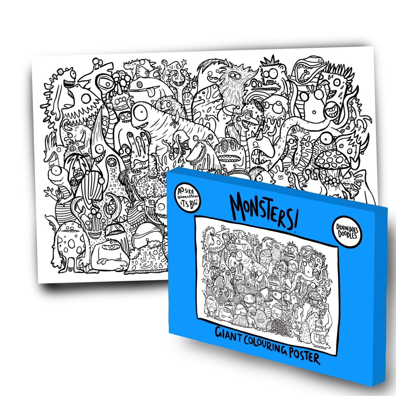 Two images - the rear image shows the giant colouring poster featuring drawings of various monsters. The image at the front is of the bright blue box for the Monsters Giant Colouring Posters.