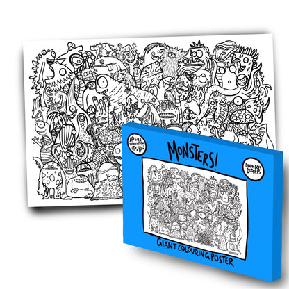 Two images - the rear image shows the giant colouring poster featuring drawings of various monsters. The image at the front is of the bright blue box for the Monsters Giant Colouring Posters.