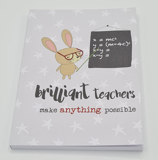 A6 notebook, the front cover of which is grey with white stars and a drawing of a rabbit pointing at a blackboard with equations written on it. The text on the book cover reads "brilliant teachers make anything possible". 