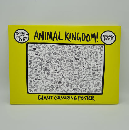 Bright yellow box containing "Giant Colouring Poster" from Dixon Does Doodles. It is entitled "Animal Kingdom" and shows an image of the poster which features drawings of lots and lots of animals. There is a small circle on the top left of the box with the text "A0 size, 840mm x 1180mm, It's Big".