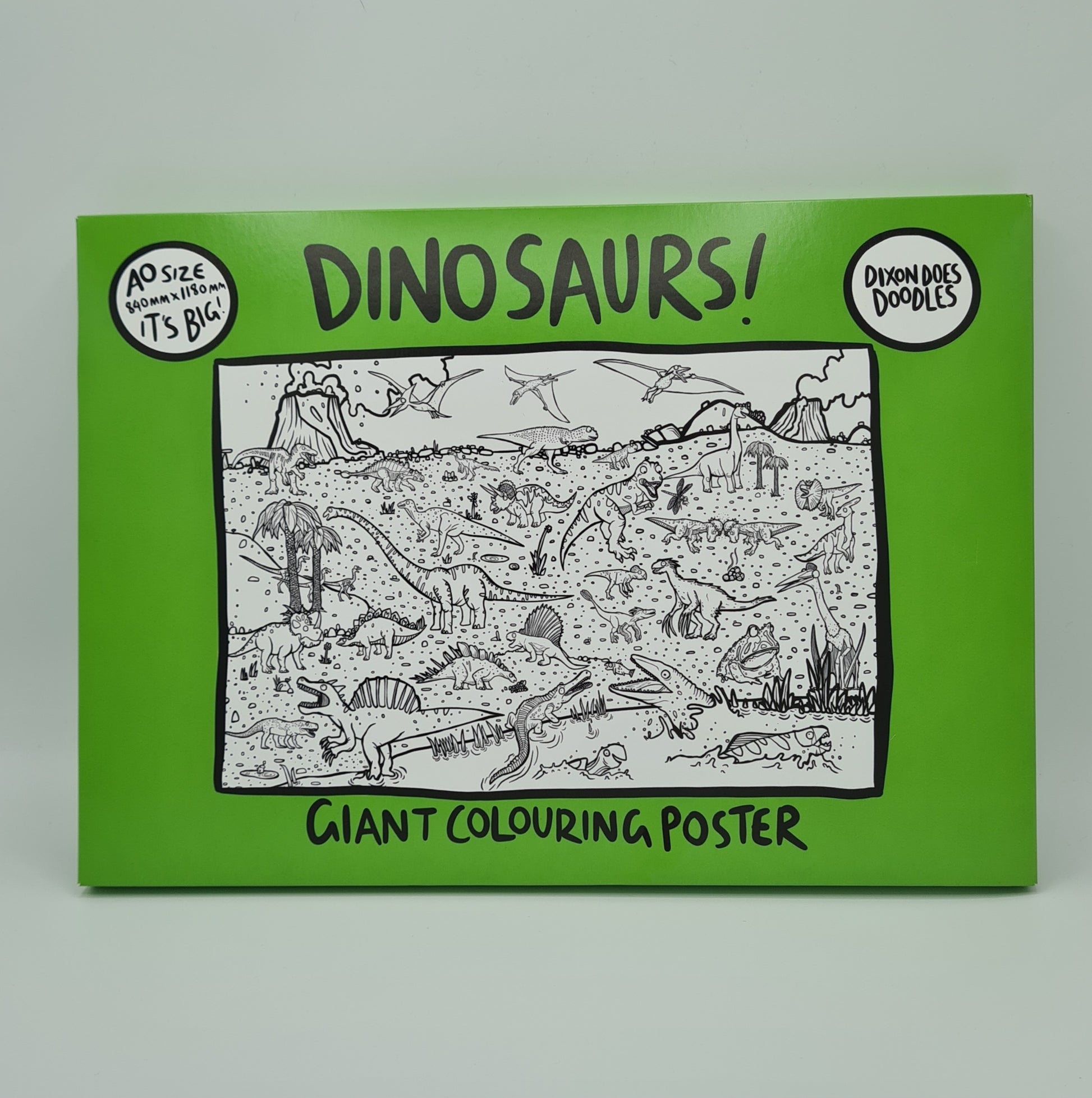 Bright green box containing "Giant Colouring Poster" from Dixon Does Doodles. It is entitled "Dinosaurs!" and shows an image of the poster which features drawings of all kinds of dinosaurs. There is a small circle on the top left of the box with the text "A0 size, 840mm x 1180mm, It's Big!".