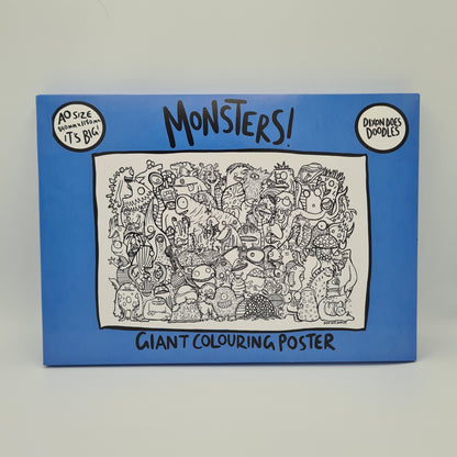 Bright blue box containing "Giant Colouring Poster" from Dixon Does Doodles. It is entitled "Monsters!" and shows an image of the poster which features drawings of various monsters. There is a small circle at the top left of the box with the text "A0 size, 840mm x 1180mm, It's Big!"