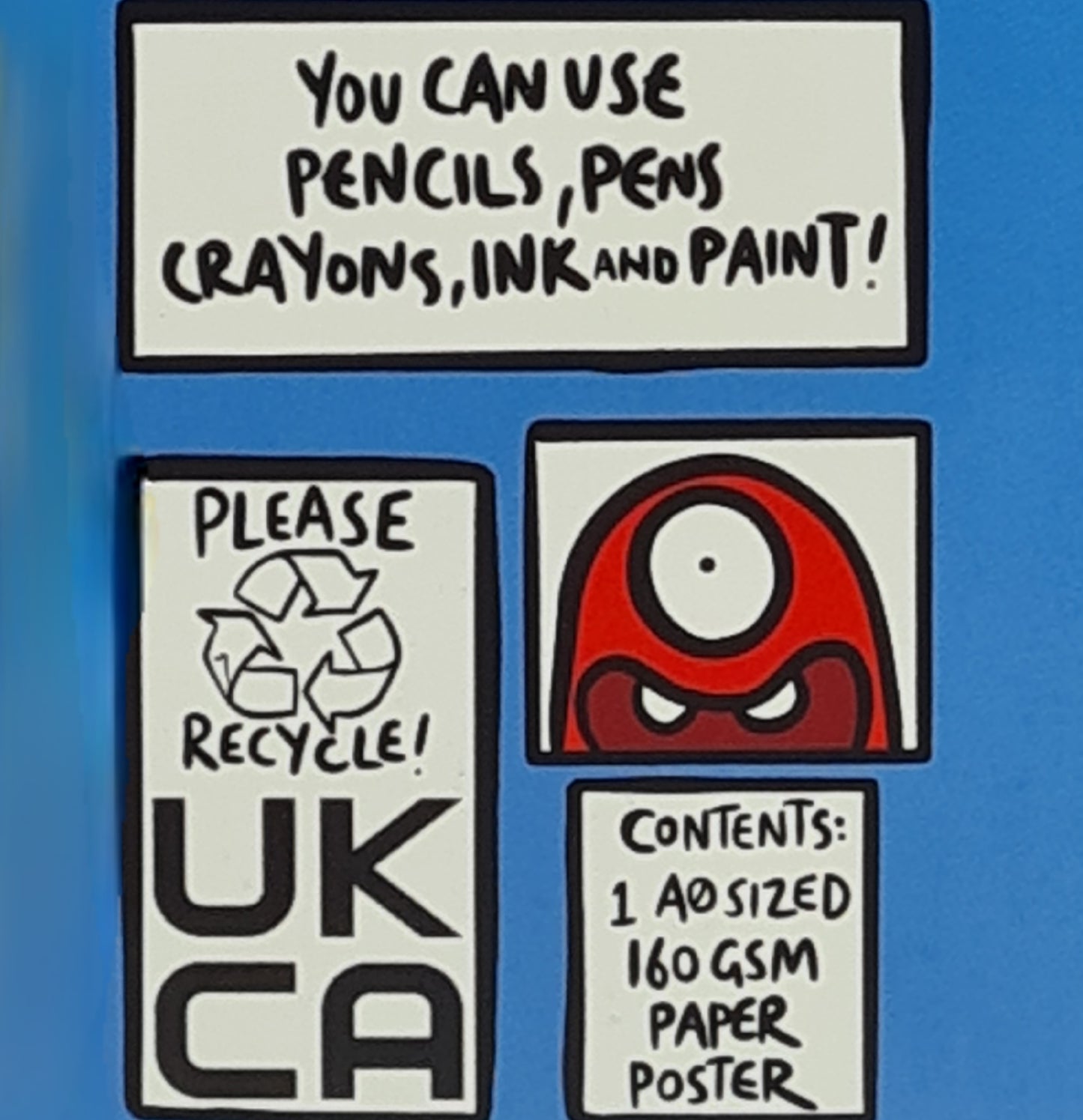 Section of the rear of the box for the Giant Colouring Poster. It features the text "You can use pencils, pens, crayons, ink and paint". It also includes the recycling logo with the words "Please Recycle". 