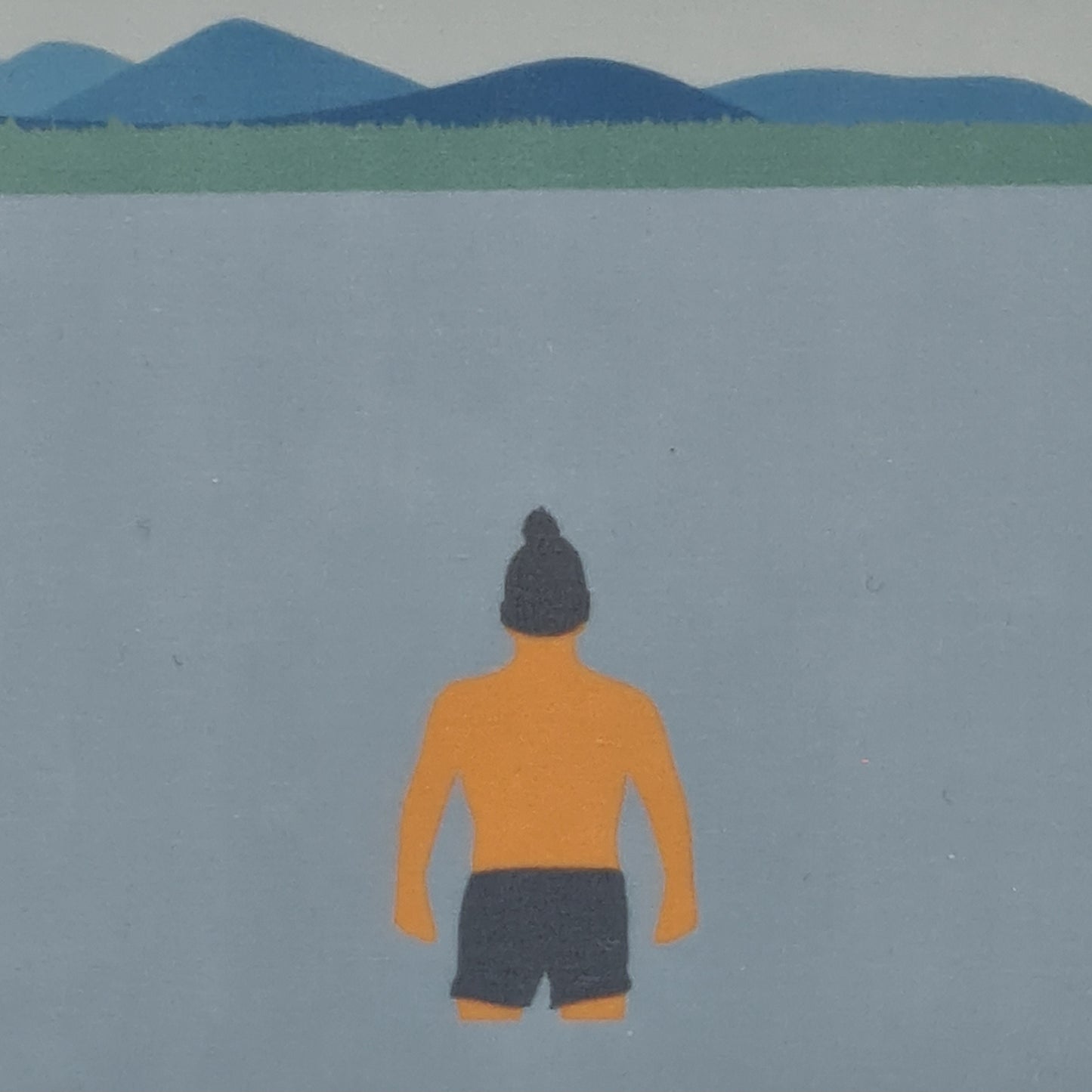 Close up image of the coaster from Fiddy & Mabel entitled "Winter Dip". It shows an illustration of a man from the rear, he is wearing swimming shorts and a woollen hat and is looking towards the grass bank and hills/mountains.