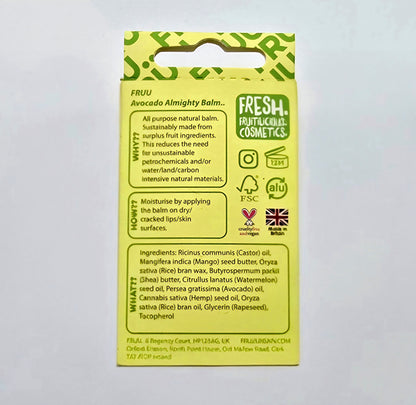 Yellow packaging of Fresh Fruity Cosmetics Avocado Almighty Balm on a light gray background