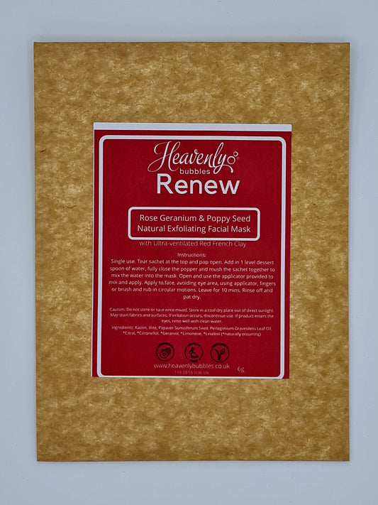 Brown kraft pouch with red label from Heavenly Bubbles stating Renew, Rose Geranium & Poppy Seed Natural Exfoliating Facial Mask. 