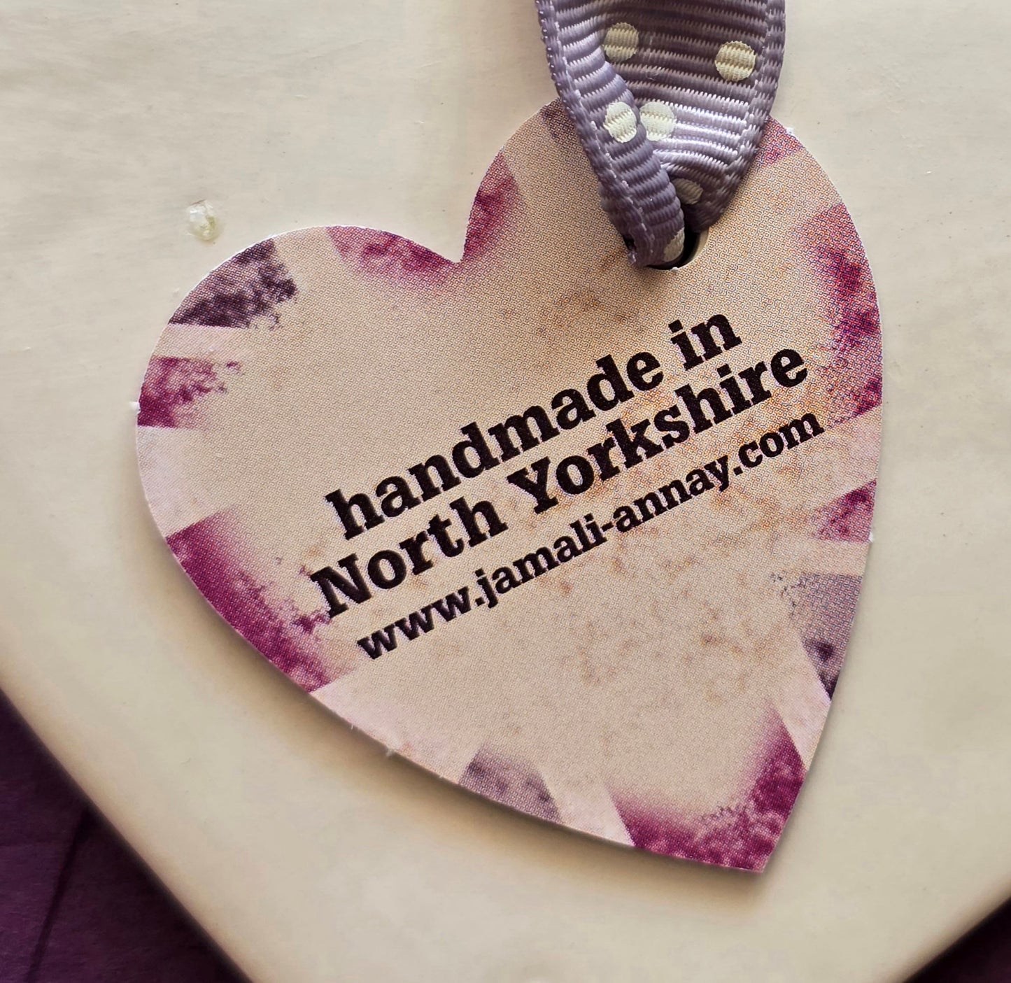 Heart shaped label with the words "Handmade in North Yorkshire".