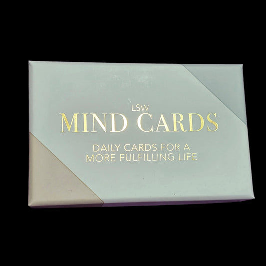 Box of LSW Mind Cards with gold text on a light green background