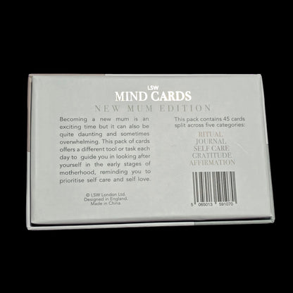Back of a card box labeled 'LSW Mind Cards New Mum Edition' with text and barcode.
