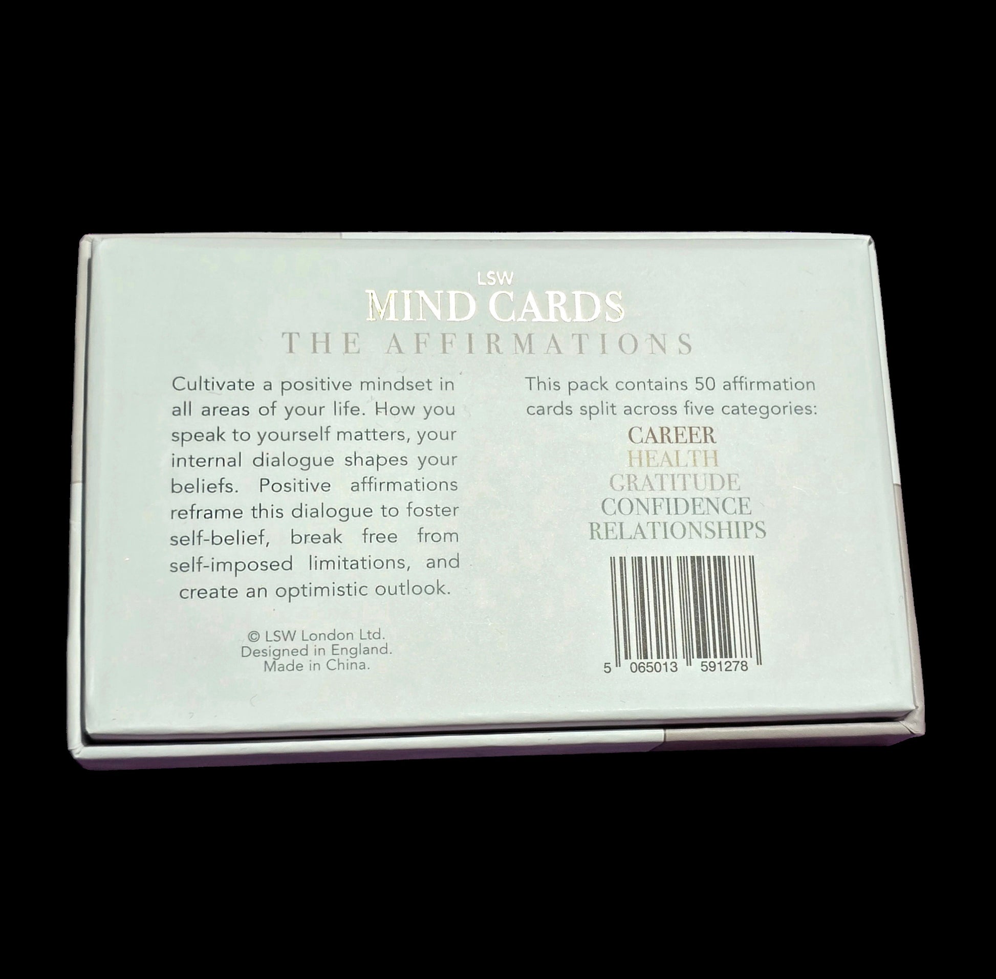 Back of a card box labeled 'MIND CARDS THE AFFIRMATIONS' with text and a barcode.