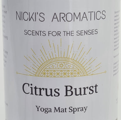 Close up of the label for "Citrus Burst Yoga Mat Spray".