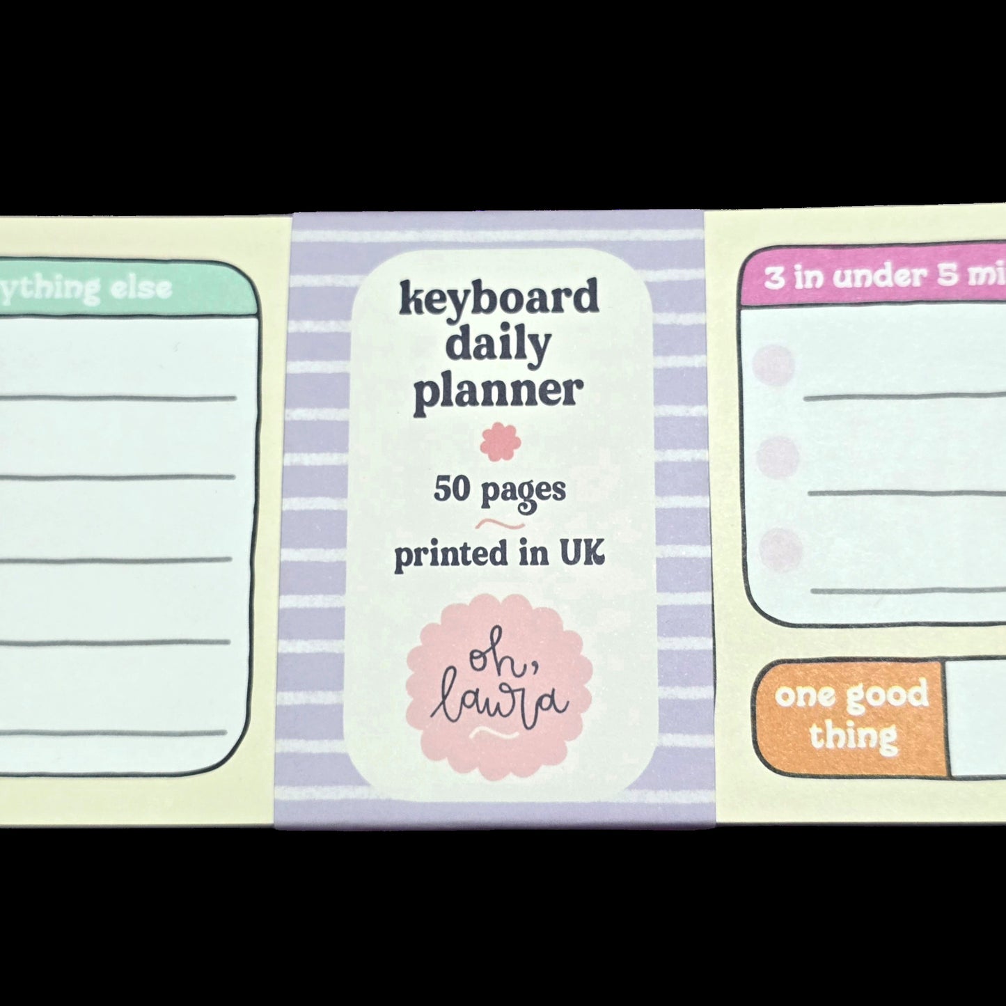Keyboard daily planner with various sections and a visible brand logo on a black background