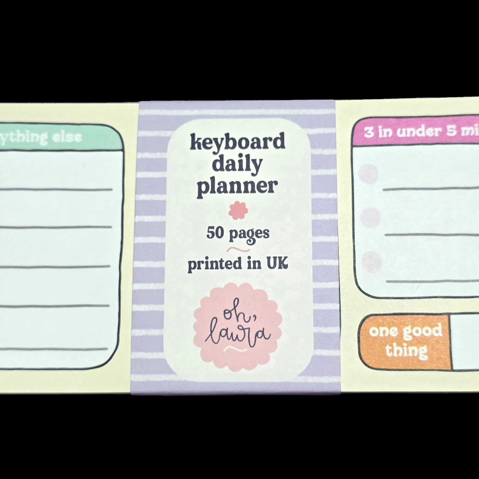 Keyboard daily planner with various sections and a visible brand logo on a black background