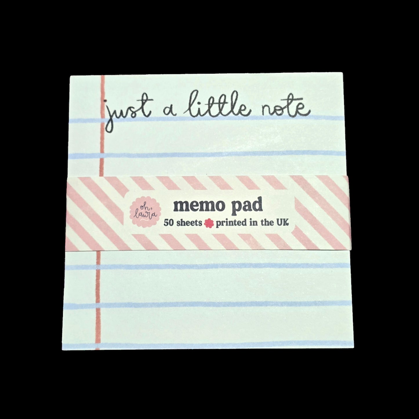 Memo pad with striped design and text on a black background