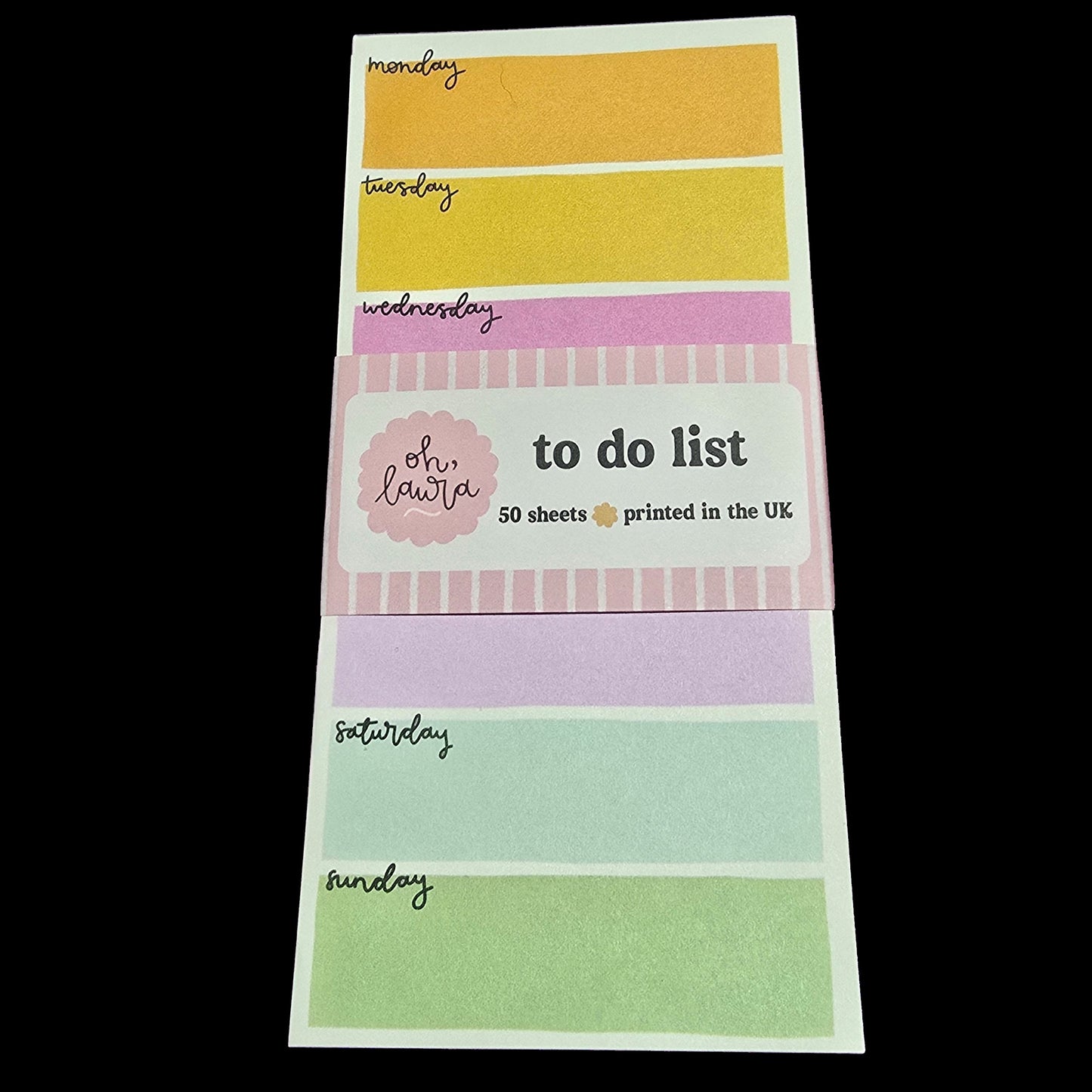 Weekly planner sticky notes with days of the week labels on a black background