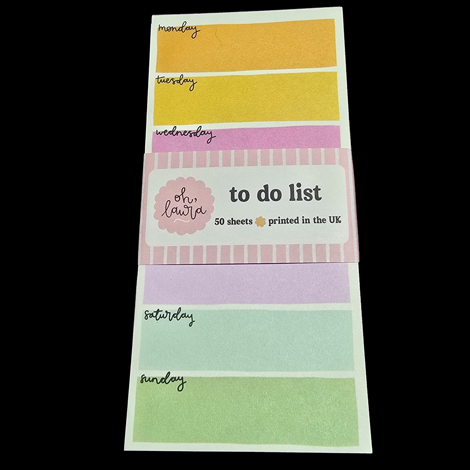 Weekly planner sticky notes with days of the week labels on a black background
