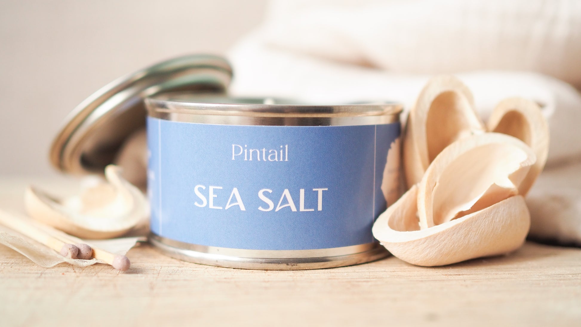 Petite paint pot candle tin from Pintail Candles. It has a light blue coloured label with white writing. The label reads "Pintail" at the top and the fragrance "Sea Salt" at the bottom.