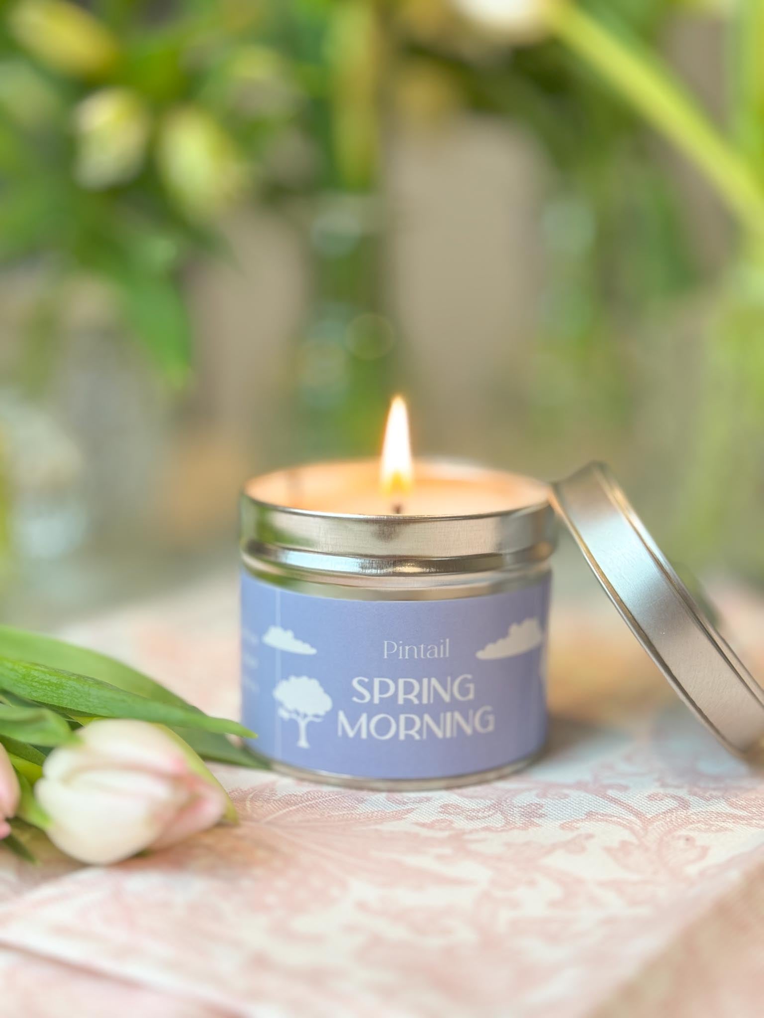 Classic tin candle from Pintail Candles. The candle is lit and has a pale blue label with white text. The label reads "Pintail" at the top and the fragrance "Spring Morning" at the bottom.