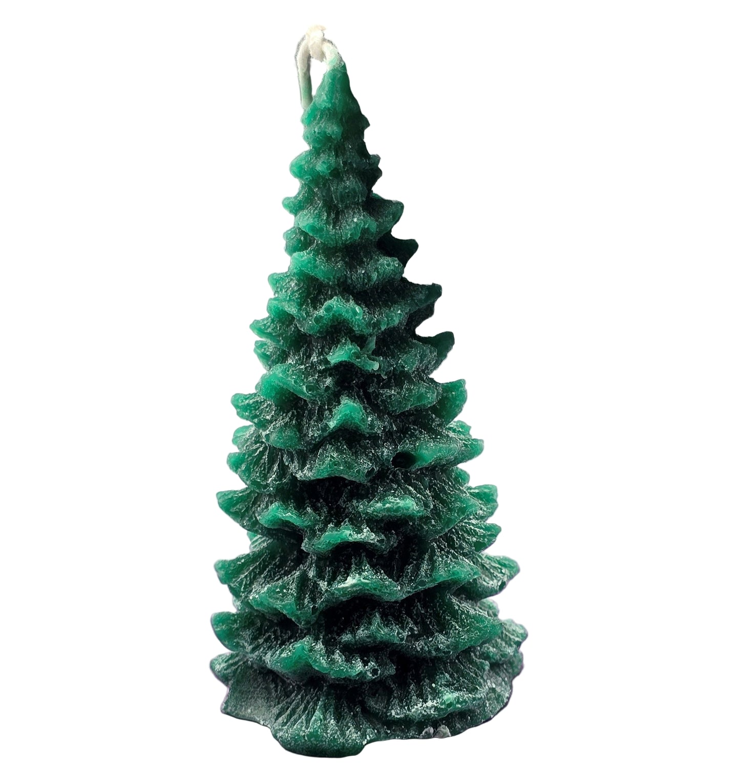 Green textured candle shaped like a Christmas tree with a white background