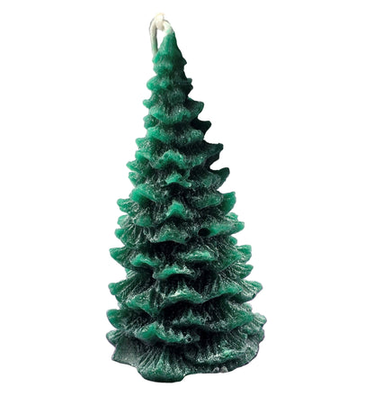 Green textured candle shaped like a Christmas tree with a white background