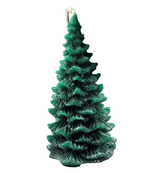 Green textured candle shaped like a Christmas tree with a white background