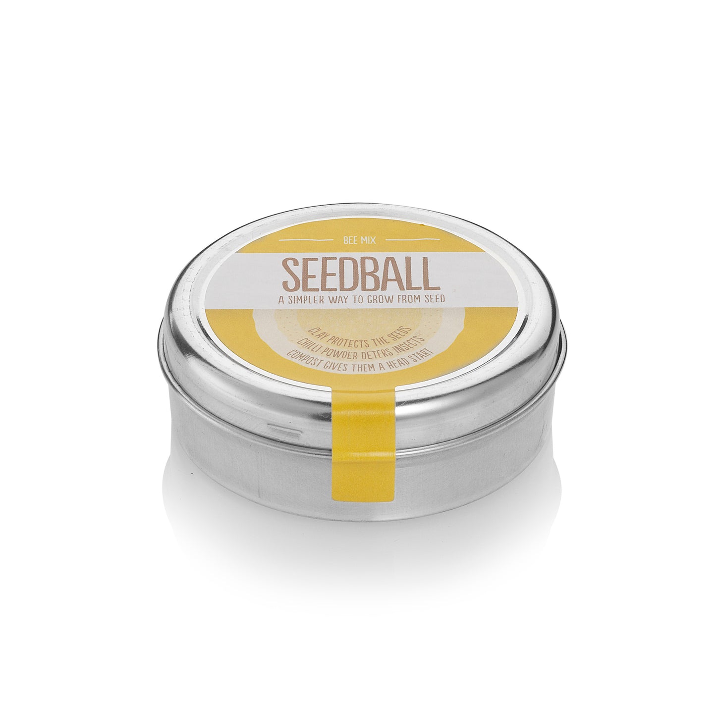 Round silver tin with a yellow label from Seedball, stating "Bee Mix". 