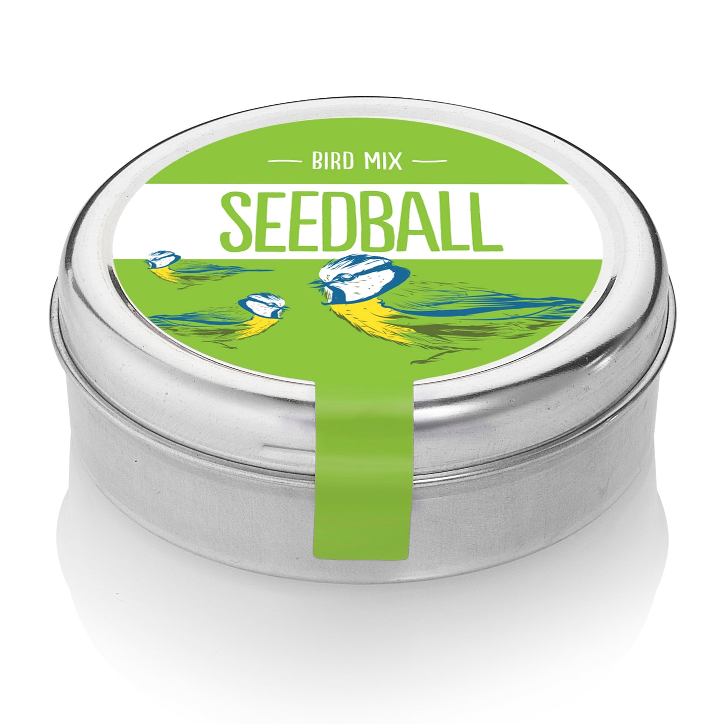 Round silver tin from Seedball featuring a green label with three birds and the wording "Bird Mix".