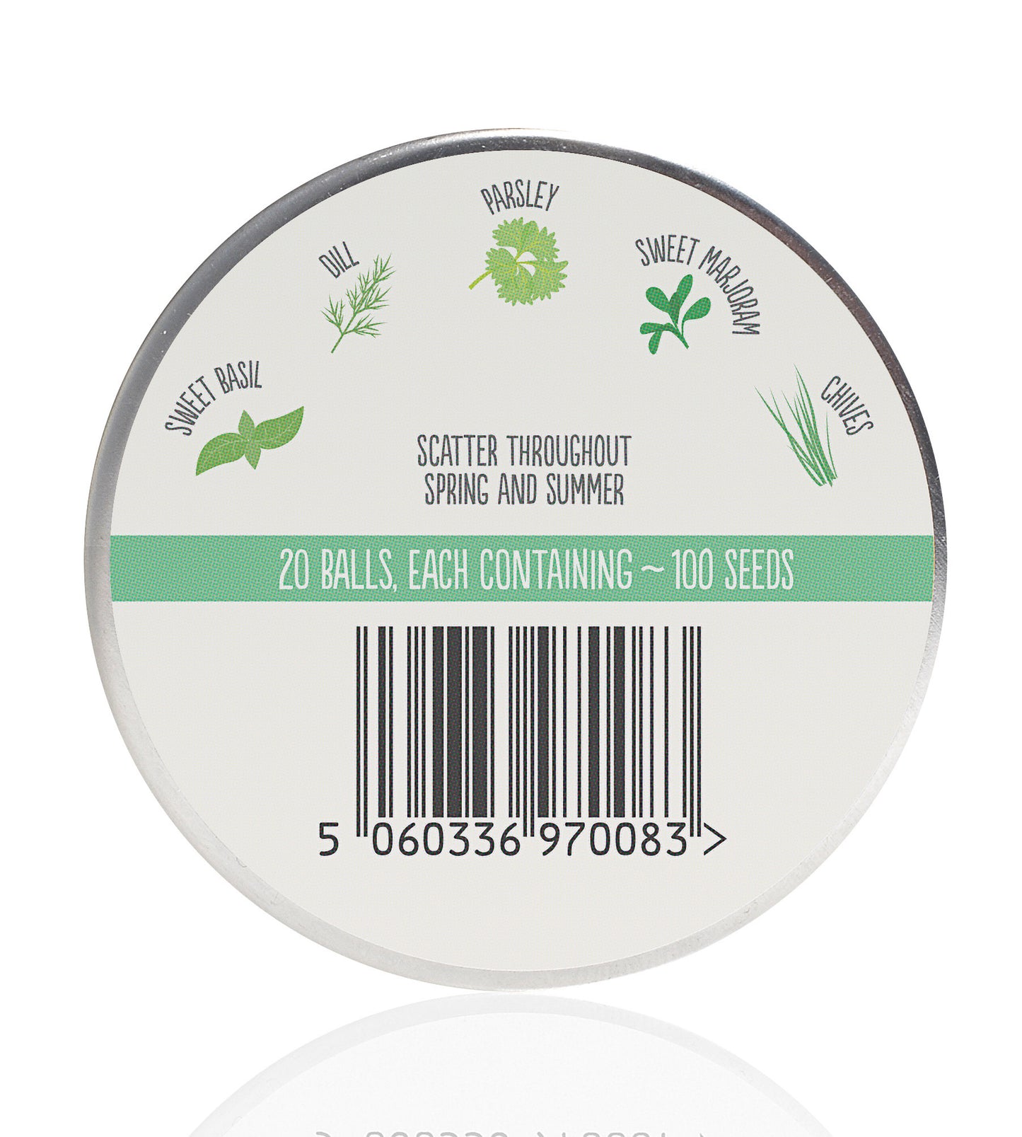 Back label for Herb Mix Seedball tin. Images of the herbs and their names - Sweet Basil; Dill; Parsley; Sweet Marjoram and Chives. Text states "Scatter throughout Spring and Summer" and a green banner says "20 balls, each containing 100 seeds". 