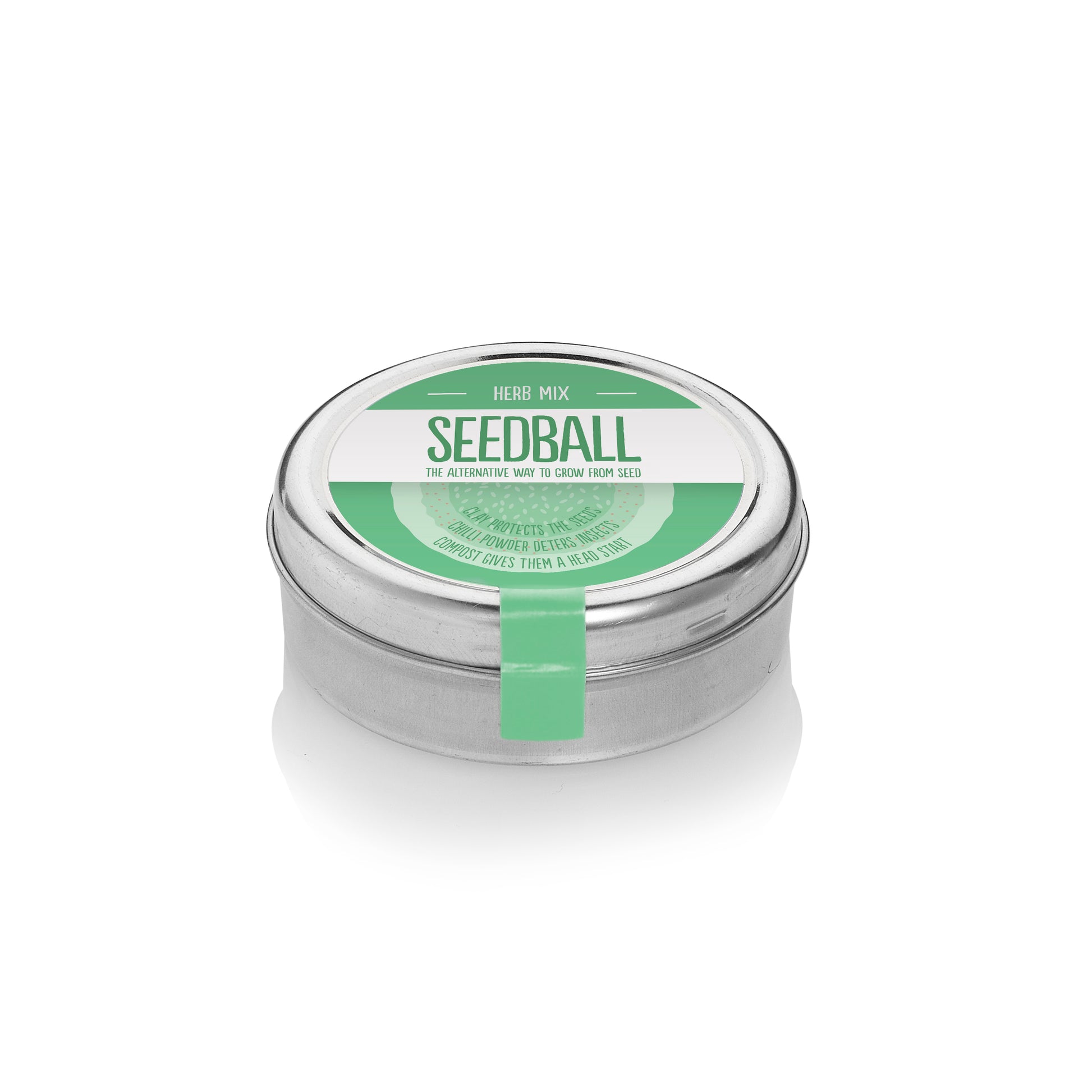 Round silver tin with a green label from Seedball, stating "Herb Mix". 