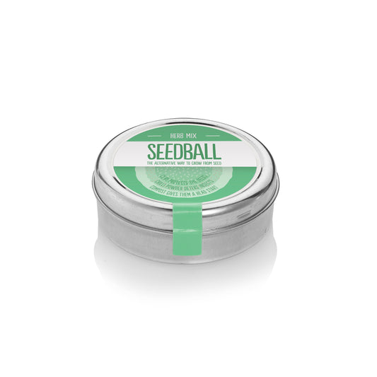 Round silver tin with a green label from Seedball, stating "Herb Mix". 