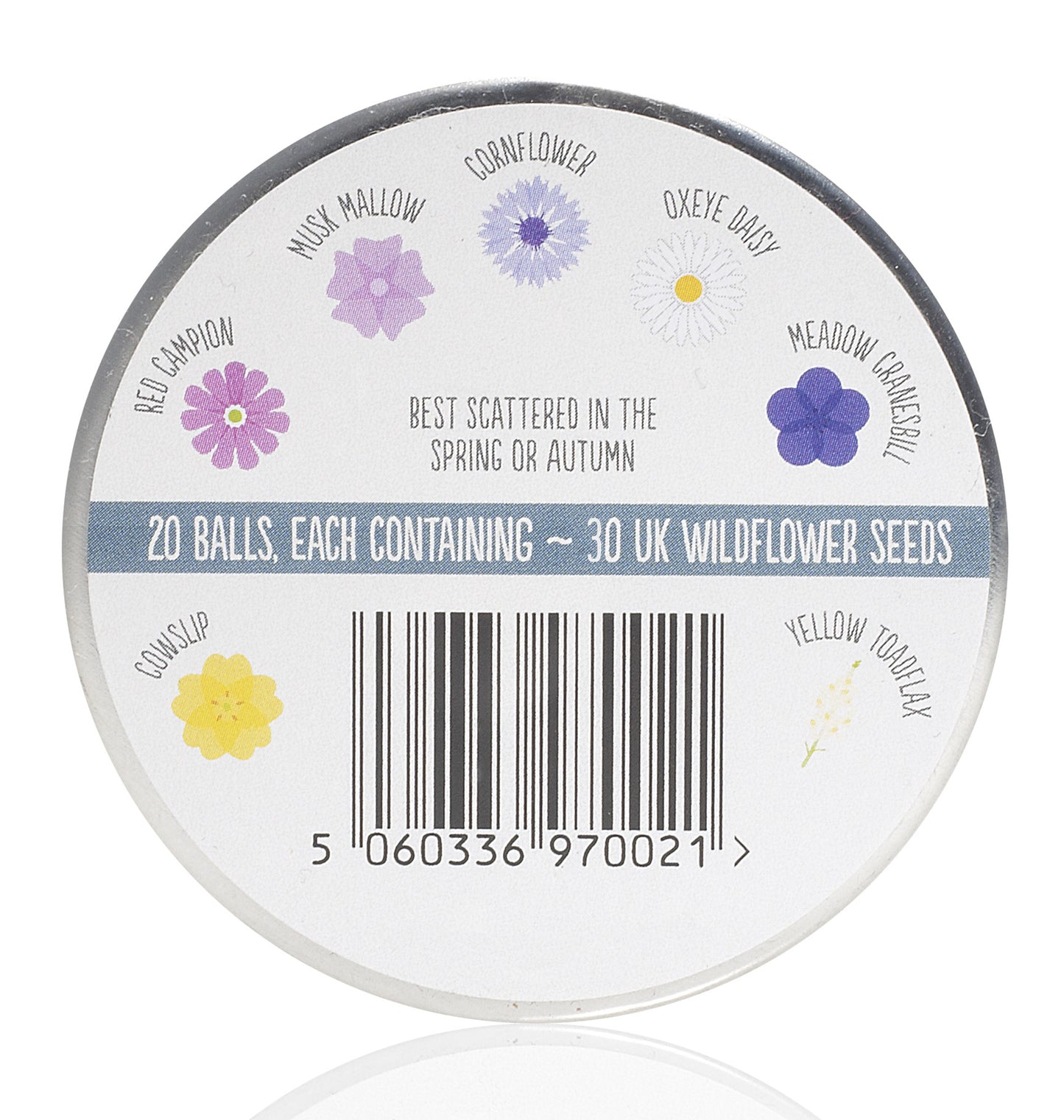 Back label for Urban Meadow Seedball tin. Images of the flowers and their names - Cowslip; Red Campion; Musk Mallow; Cornflower; Oxeye Daisy; Meadow Cranesbill and Yellow Toadflax. Grey banner says "20 balls, each containing 30 UK wildflower seeds". 