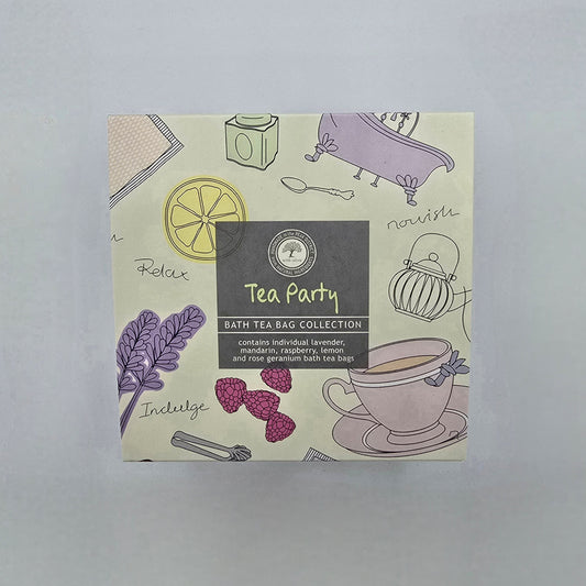 Box of 'Tea Party' bath tea bag collection with illustrations on a light gray background